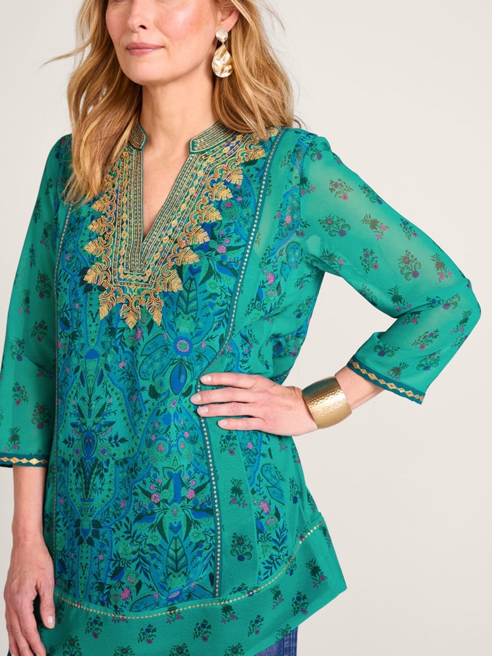 Soft Surroundings Boho Blue Green V-neck Embellished Bronte Tunic Blouse Top